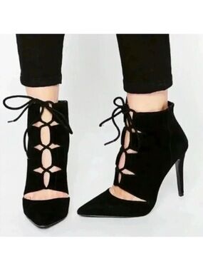 Aldo Eraede Lace Up Stiletto Ankle Boots Cut Out Black Suede 7.5